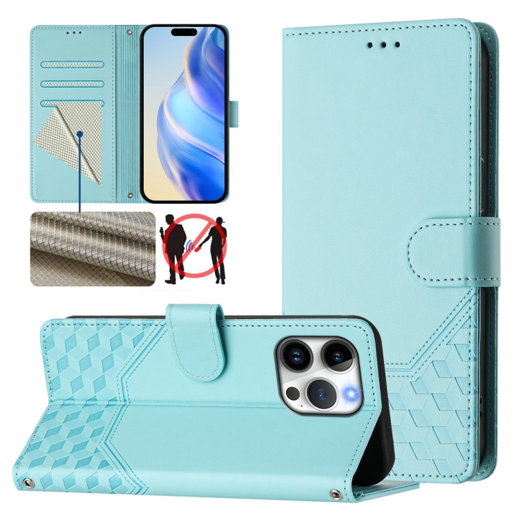 

For iPhone 16 Pro Honeycomb Embossing RFID Leather Phone Case(Mint Green)
