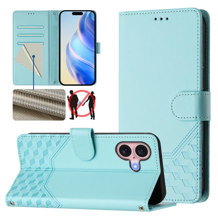 

For iPhone 16 Plus Honeycomb Embossing RFID Leather Phone Case(Mint Green)