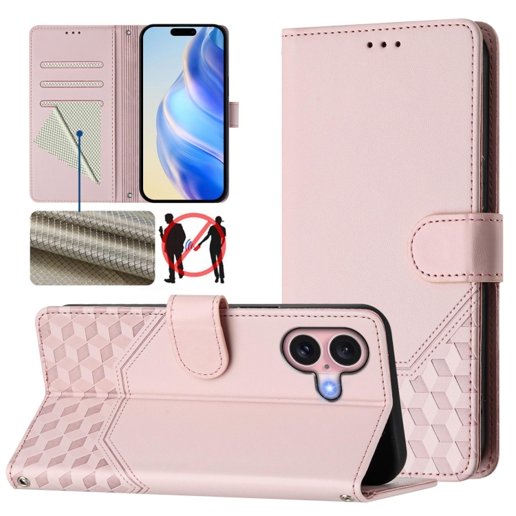 

For iPhone 16 Plus Honeycomb Embossing RFID Leather Phone Case(Pink)