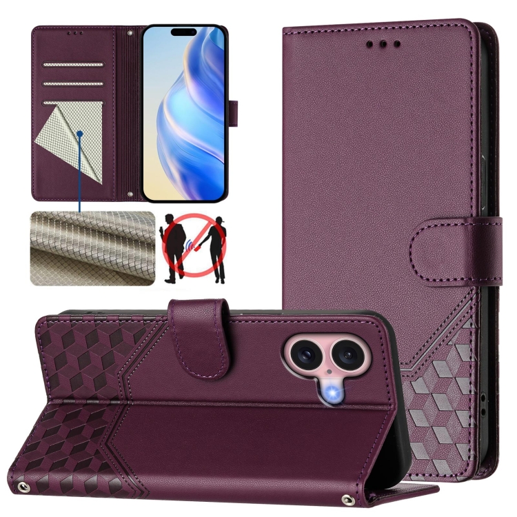 

For iPhone 16 Plus Honeycomb Embossing RFID Leather Phone Case(Violet)