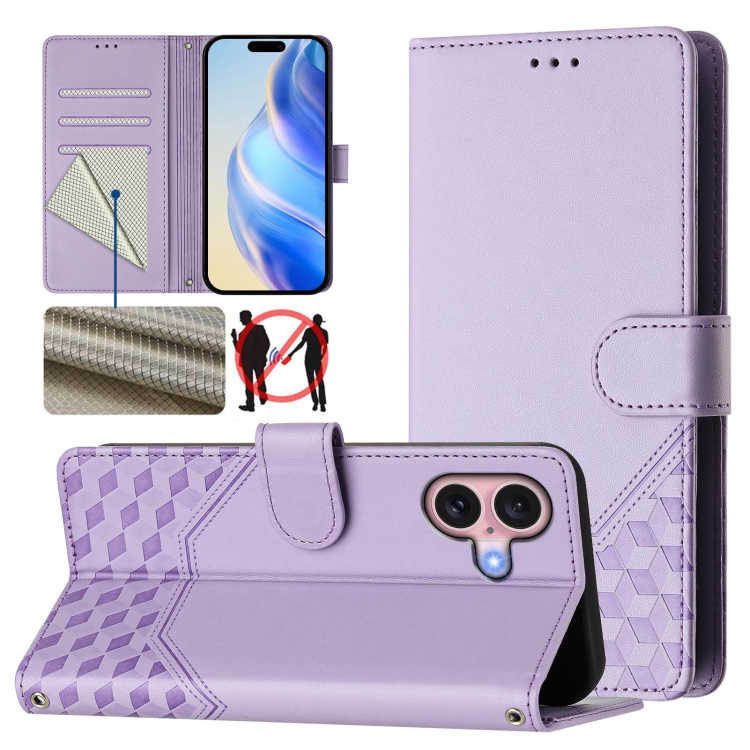 

For iPhone 16 Honeycomb Embossing RFID Leather Phone Case(Light Purple)