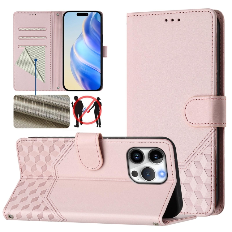 

For iPhone 15 Pro Max Honeycomb Embossing RFID Leather Phone Case(Pink)