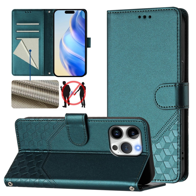 

For iPhone 15 Pro Honeycomb Embossing RFID Leather Phone Case(Peacock Green)