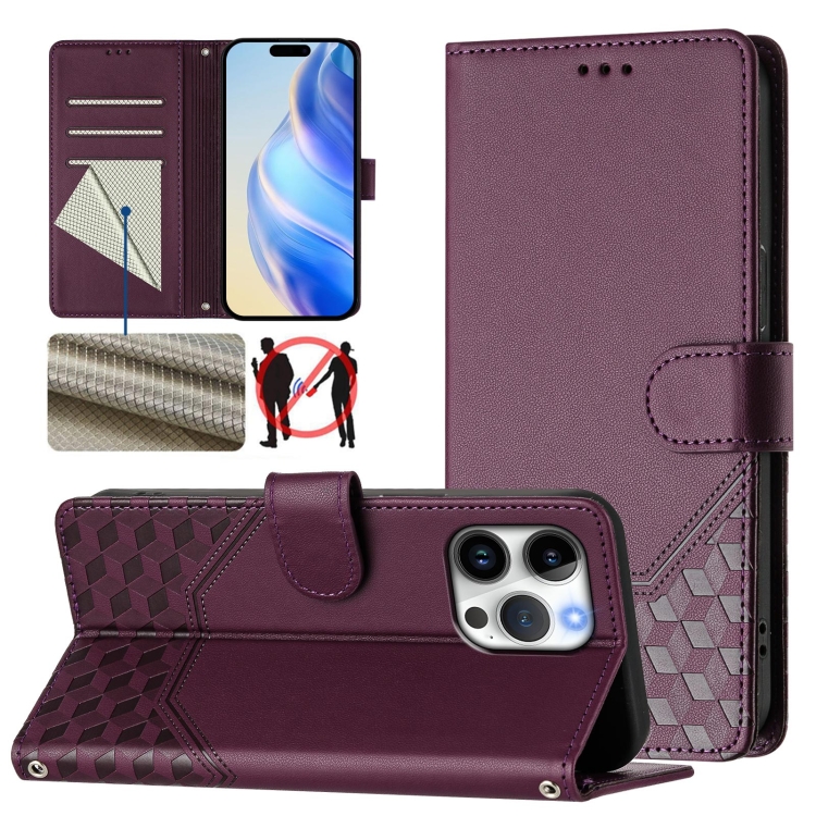 

For iPhone 15 Pro Honeycomb Embossing RFID Leather Phone Case(Violet)