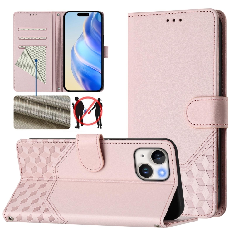

For iPhone 15 Honeycomb Embossing RFID Leather Phone Case(Pink)
