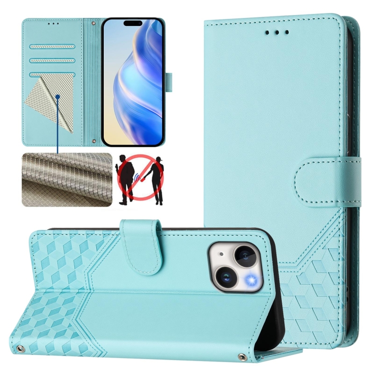 

For iPhone 14 Plus Honeycomb Embossing RFID Leather Phone Case(Mint Green)