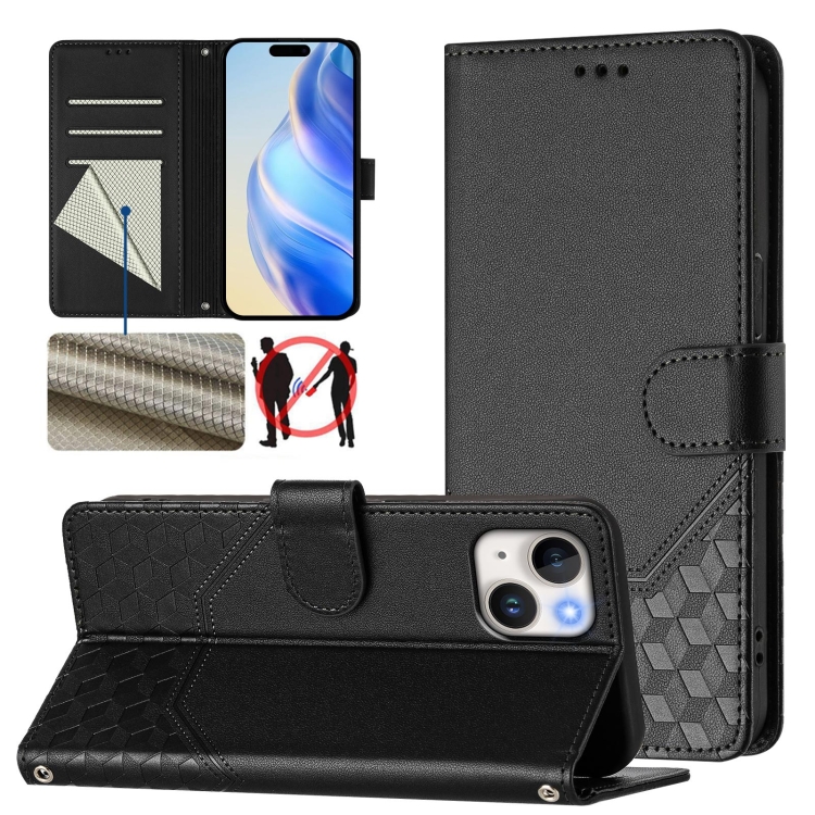 

For iPhone 14 / 13 Honeycomb Embossing RFID Leather Phone Case(Black)