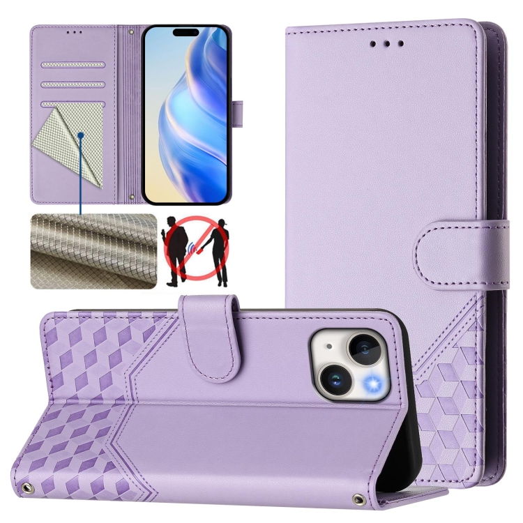 

For iPhone 14 / 13 Honeycomb Embossing RFID Leather Phone Case(Light Purple)