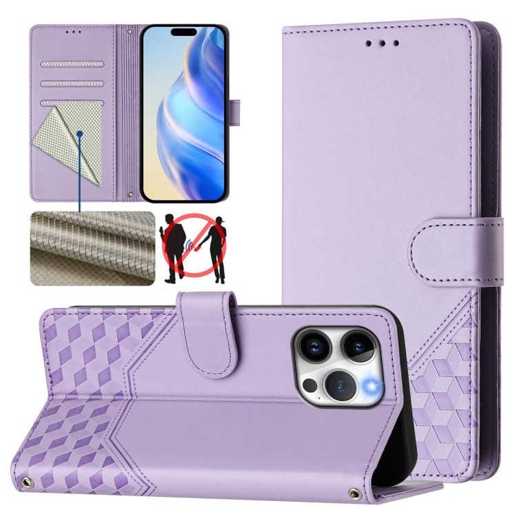 

For iPhone 14 Pro Max Honeycomb Embossing RFID Leather Phone Case(Light Purple)