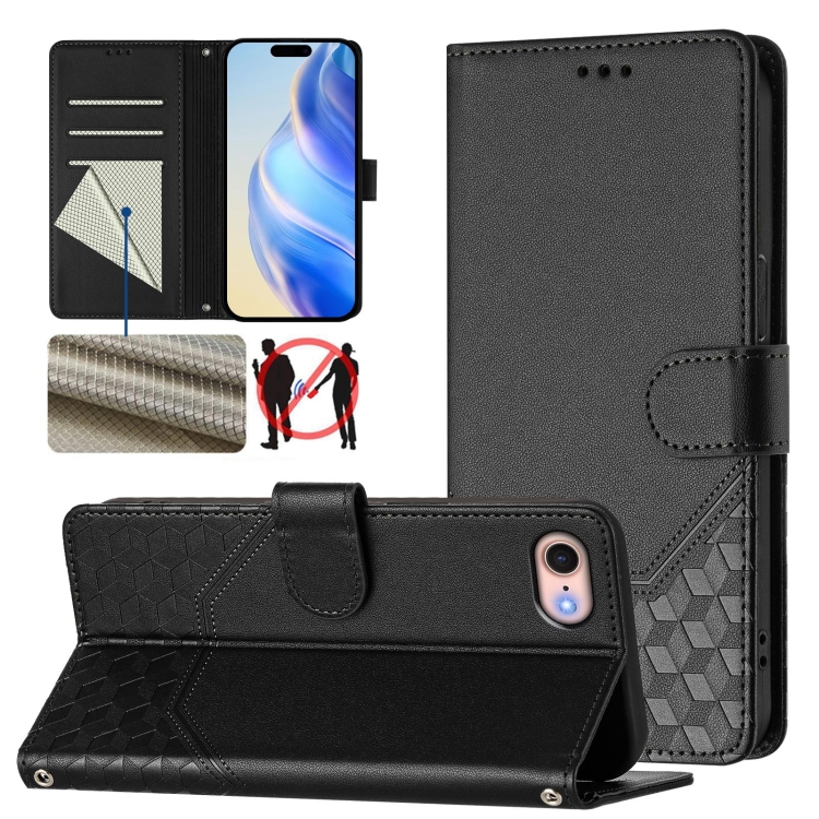 

For iPhone SE 2022 / 2020 / 8 / 7 Honeycomb Embossing RFID Leather Phone Case(Black)