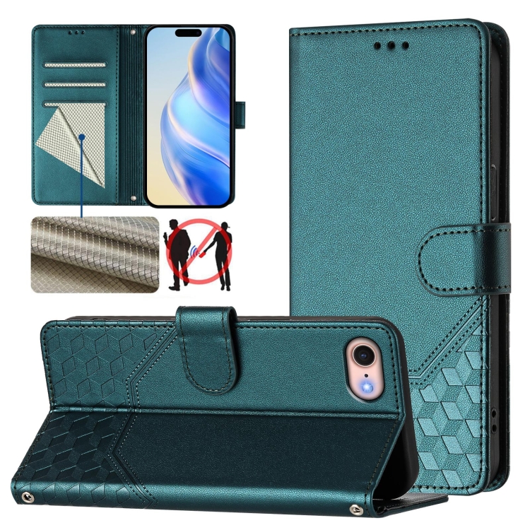

For iPhone SE 2022 / 2020 / 8 / 7 Honeycomb Embossing RFID Leather Phone Case(Peacock Green)