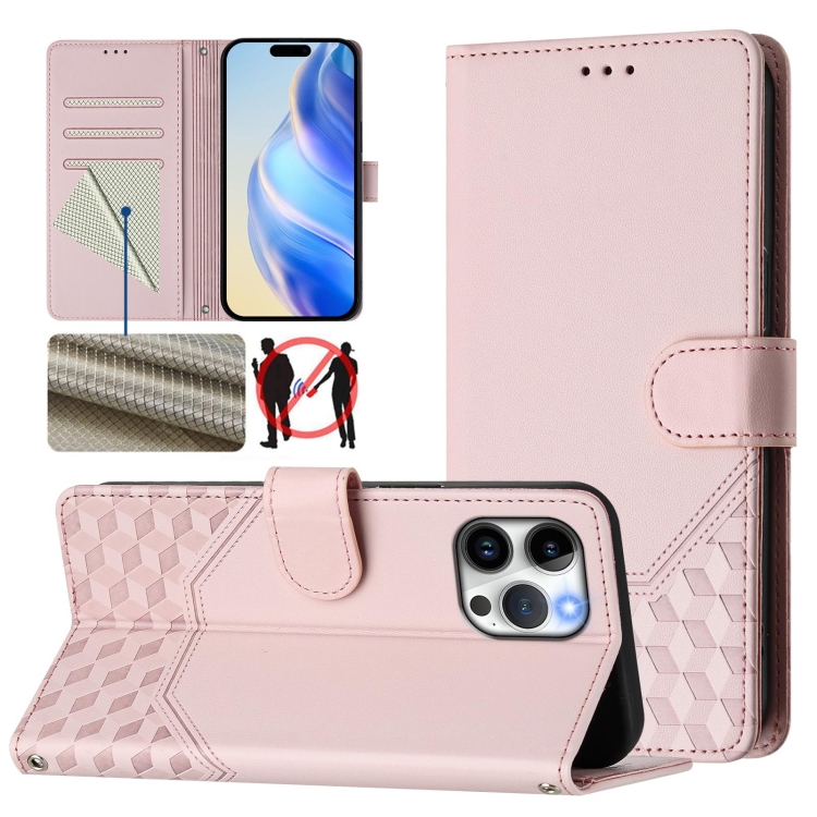 

For iPhone 13 Pro Honeycomb Embossing RFID Leather Phone Case(Pink)