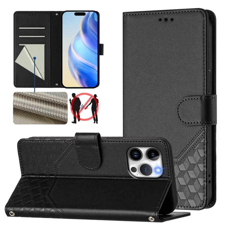 

For iPhone 13 Pro Honeycomb Embossing RFID Leather Phone Case(Black)