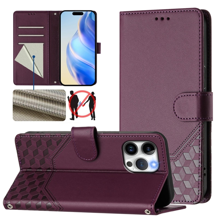 

For iPhone 13 Pro Honeycomb Embossing RFID Leather Phone Case(Violet)