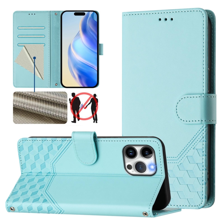 

For iPhone 12 / 12 Pro Honeycomb Embossing RFID Leather Phone Case(Mint Green)