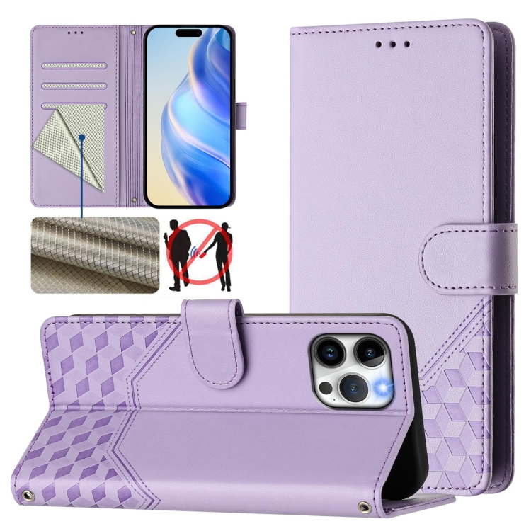 

For iPhone 12 / 12 Pro Honeycomb Embossing RFID Leather Phone Case(Light Purple)