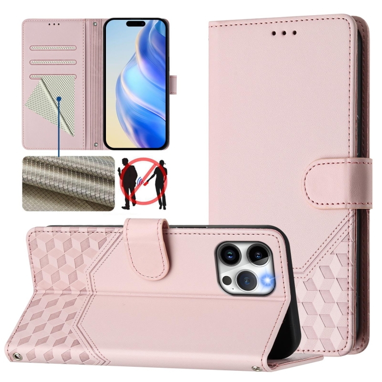 

For iPhone 12 Pro Max Honeycomb Embossing RFID Leather Phone Case(Pink)