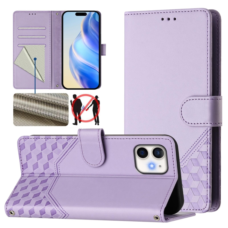 

For iPhone 12 mini Honeycomb Embossing RFID Leather Phone Case(Light Purple)