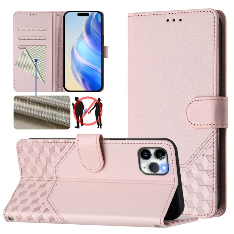 

For iPhone 11 Pro Max Honeycomb Embossing RFID Leather Phone Case(Pink)