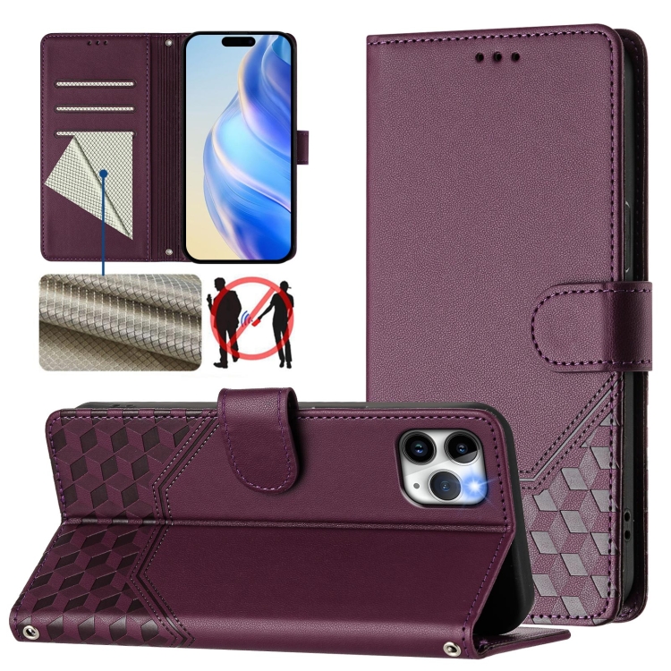

For iPhone 11 Pro Max Honeycomb Embossing RFID Leather Phone Case(Violet)