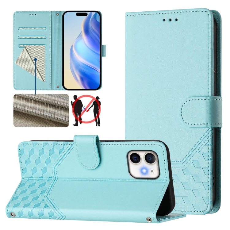 

For iPhone 11 Honeycomb Embossing RFID Leather Phone Case(Mint Green)