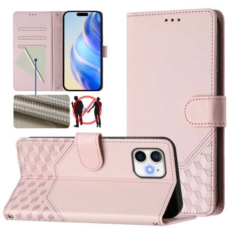 

For iPhone 11 Honeycomb Embossing RFID Leather Phone Case(Pink)