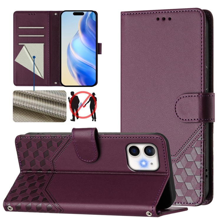 

For iPhone 11 Honeycomb Embossing RFID Leather Phone Case(Violet)