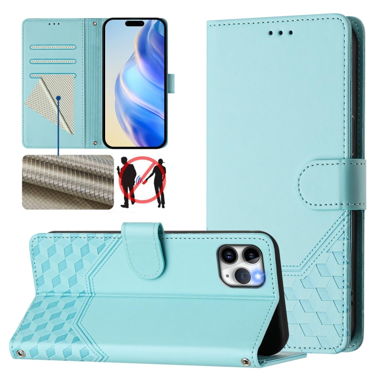 

For iPhone 11 Pro Honeycomb Embossing RFID Leather Phone Case(Mint Green)