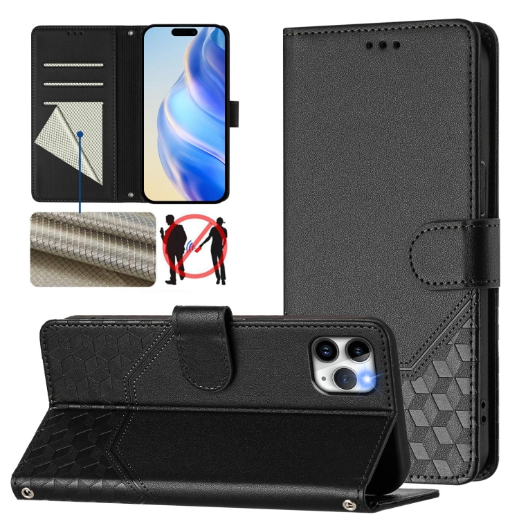 

For iPhone 11 Pro Honeycomb Embossing RFID Leather Phone Case(Black)