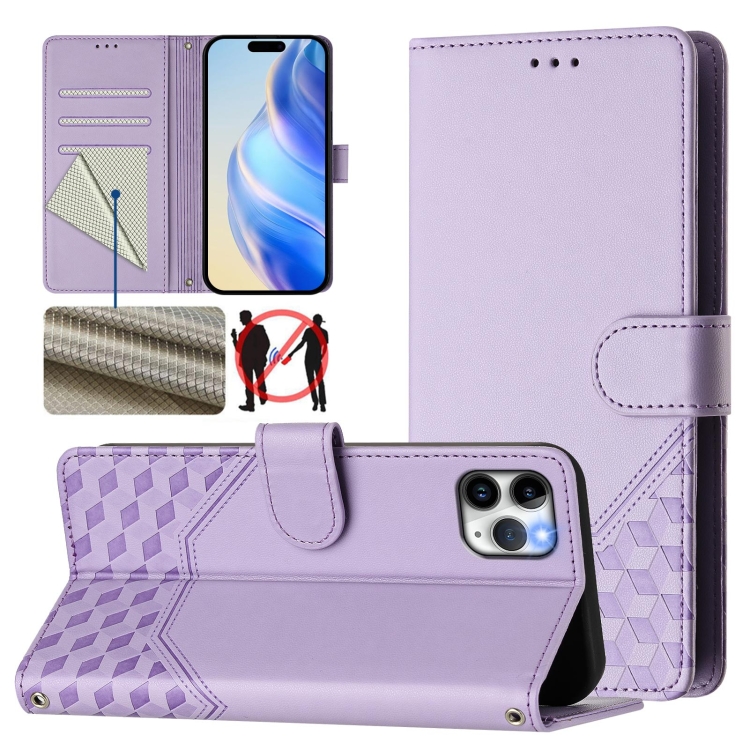 

For iPhone 11 Pro Honeycomb Embossing RFID Leather Phone Case(Light Purple)