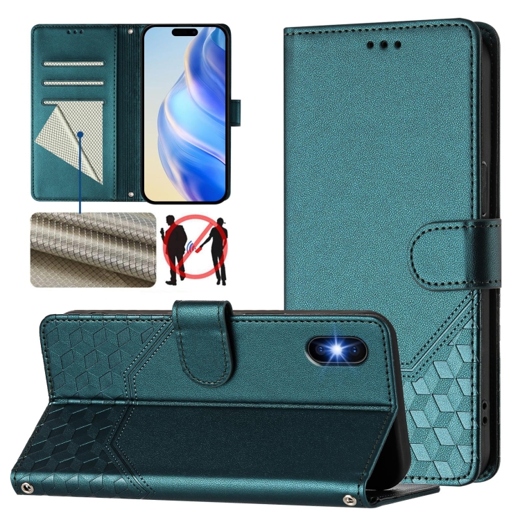 

For iPhone X / XS Honeycomb Embossing RFID Leather Phone Case(Peacock Green)
