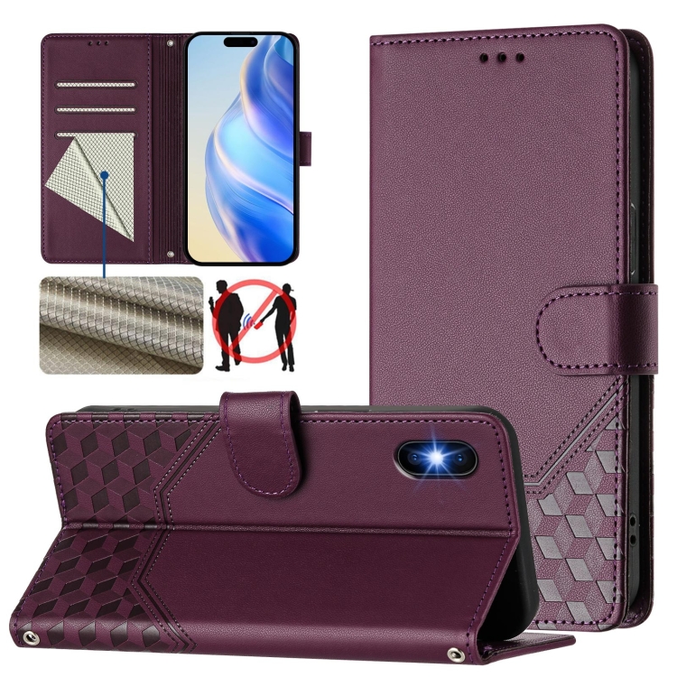 

For iPhone X / XS Honeycomb Embossing RFID Leather Phone Case(Violet)