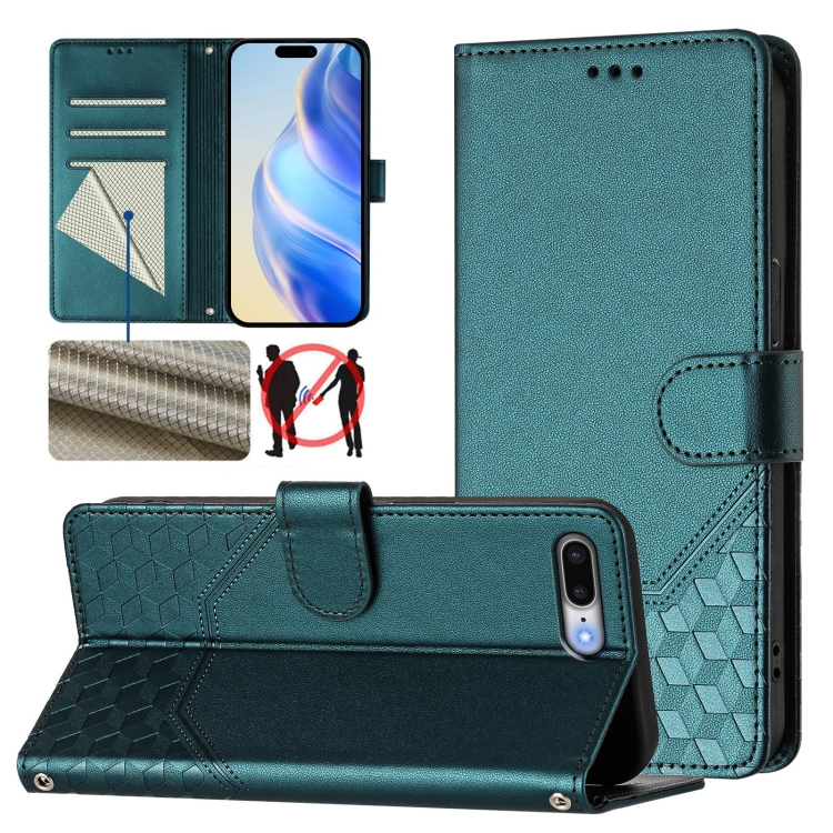 

For iPhone 8 Plus / 7 Plus Honeycomb Embossing RFID Leather Phone Case(Peacock Green)