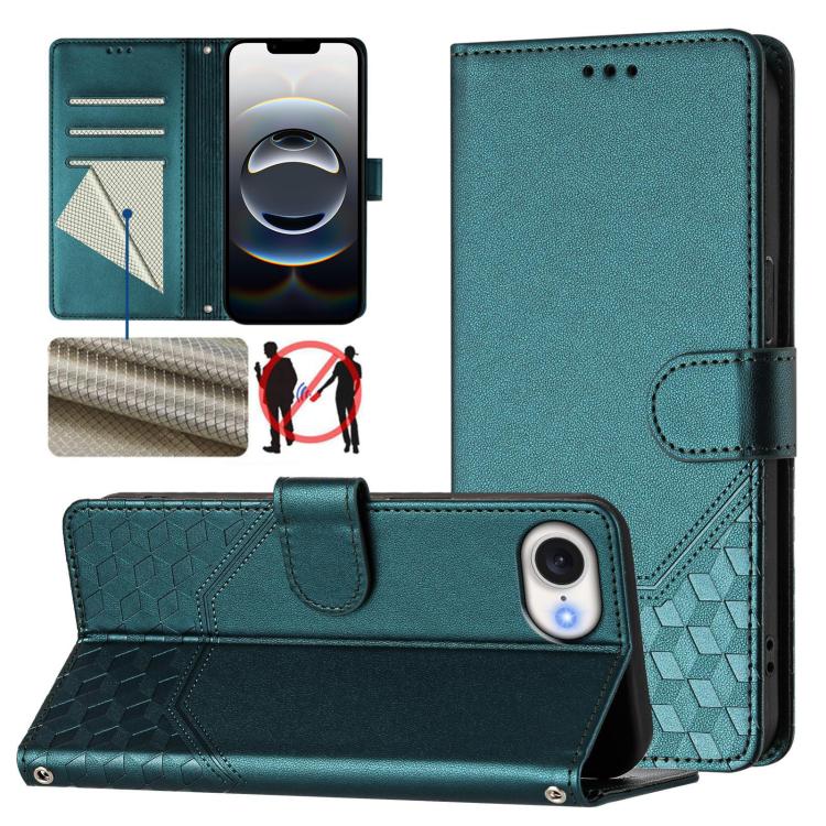 

For iPhone 16e Honeycomb Embossing RFID Leather Phone Case(Peacock Green)