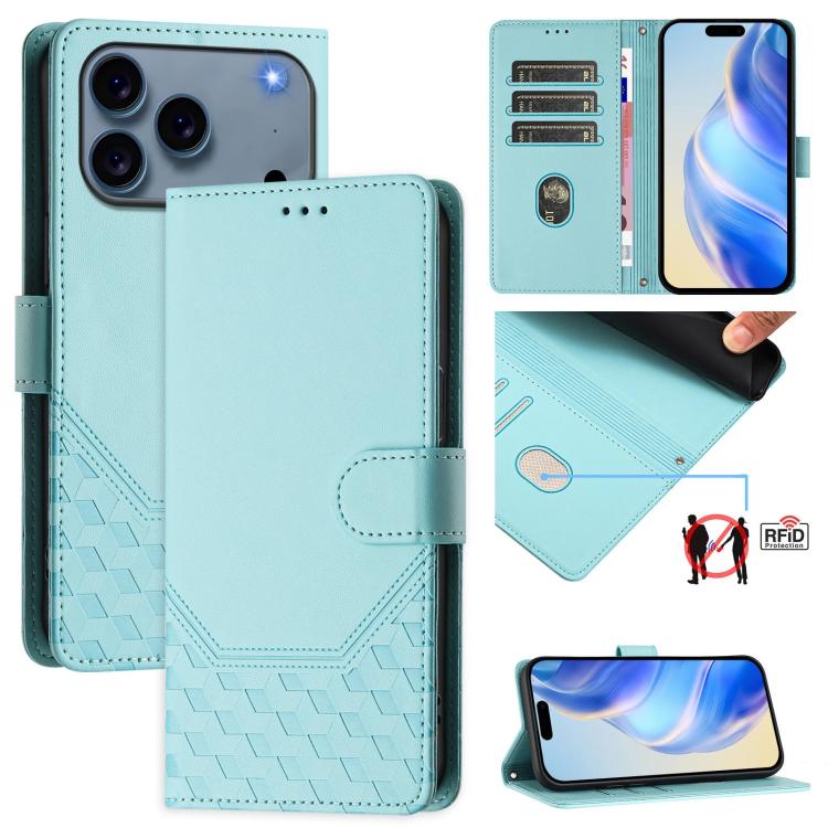 

For iPhone 17 Pro Max Honeycomb Embossing RFID Leather Phone Case(Mint Green)