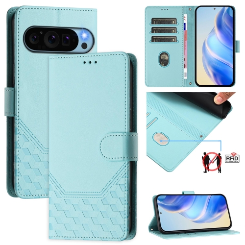 

For Google Pixel 9 Pro XL Honeycomb Embossing RFID Leather Phone Case(Mint Green)