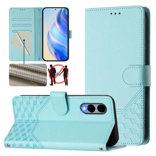 

For Fujitsu Arrows We2 Honeycomb Embossing RFID Leather Phone Case(Mint Green)