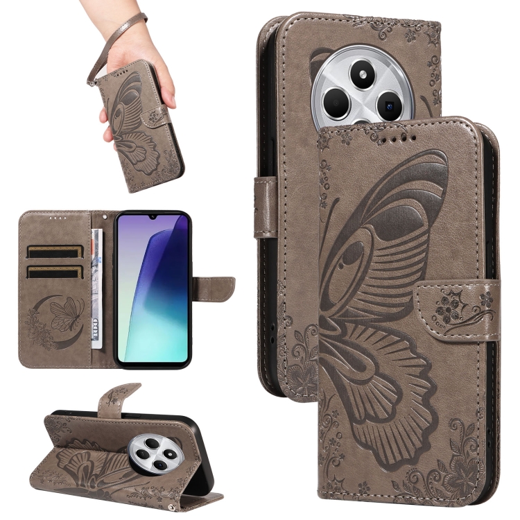 

For Redmi 14C 4G Swallowtail Butterfly Embossed Leather Phone Case(Grey)