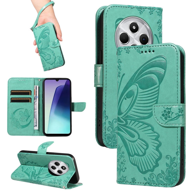 

For Redmi 14C 4G Swallowtail Butterfly Embossed Leather Phone Case(Green)