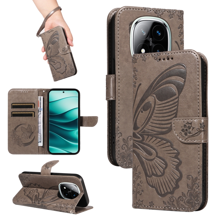 

For Redmi Note 14 Pro / 14 Pro+ 5G Swallowtail Butterfly Embossed Leather Phone Case(Grey)