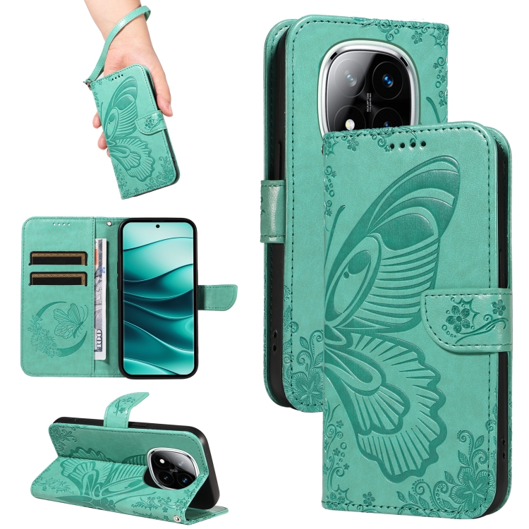 

For Redmi Note 14 Pro / 14 Pro+ 5G Swallowtail Butterfly Embossed Leather Phone Case(Green)