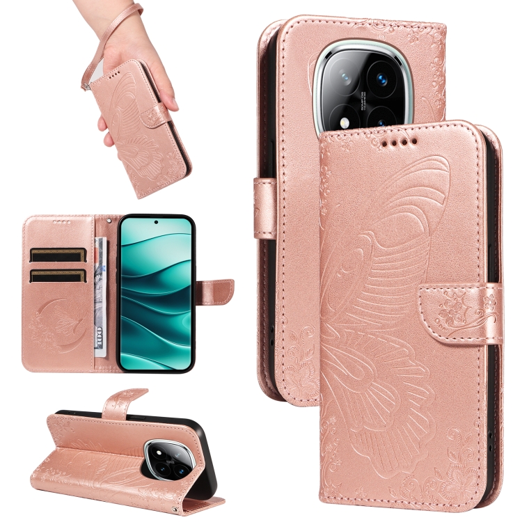 

For Redmi Note 14 Pro / 14 Pro+ 5G Swallowtail Butterfly Embossed Leather Phone Case(Rose Gold)