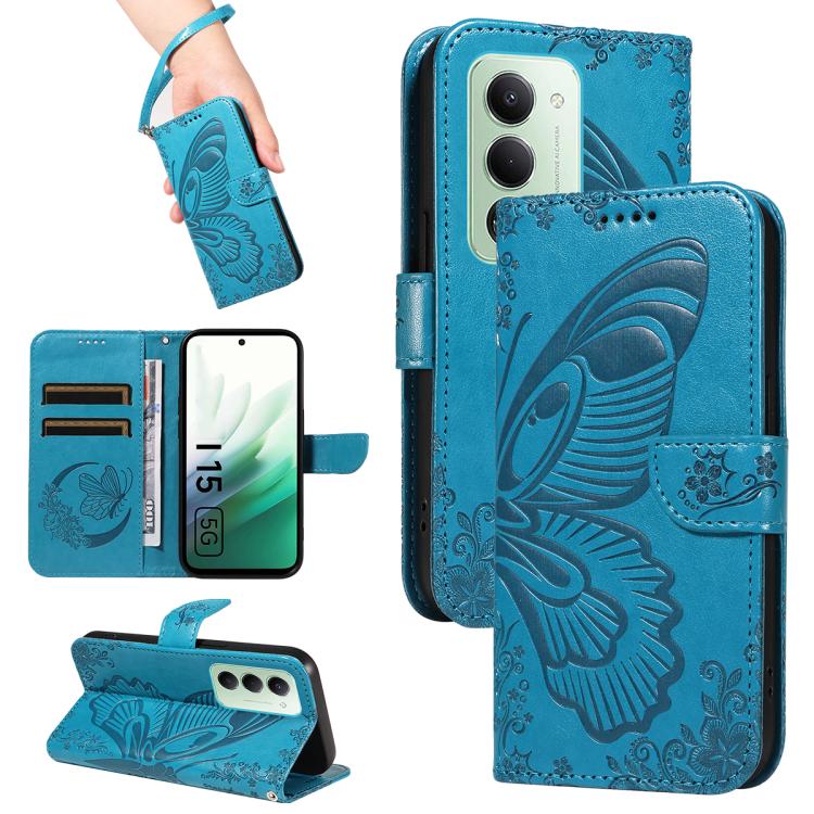 

For Redmi 15 5G Global / 15 4G SEA 169.5mm Swallowtail Butterfly Embossed Leather Phone Case(Blue)