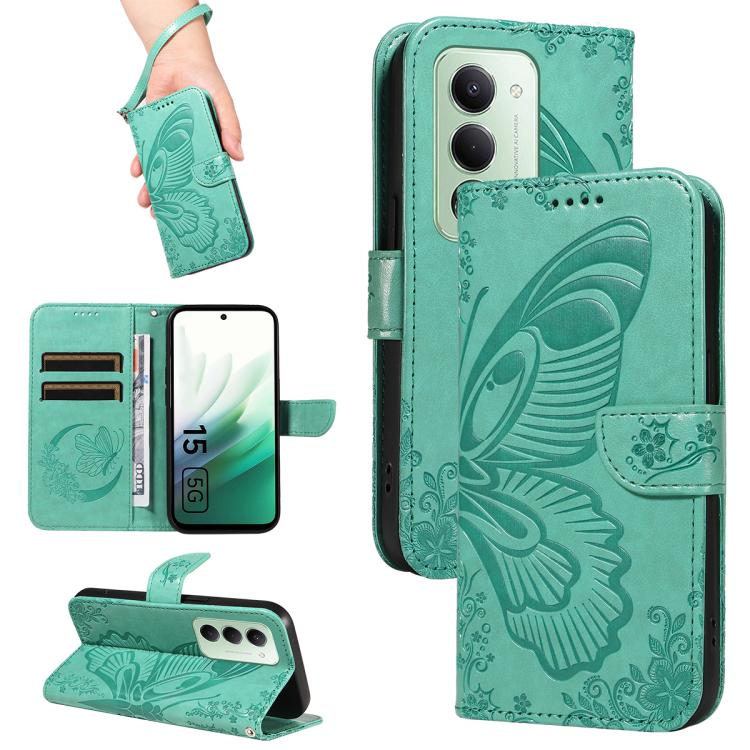 For Redmi 15 5G Global / 15 4G SEA 169.5mm Swallowtail Butterfly Embossed Leather Phone Case(Green)
