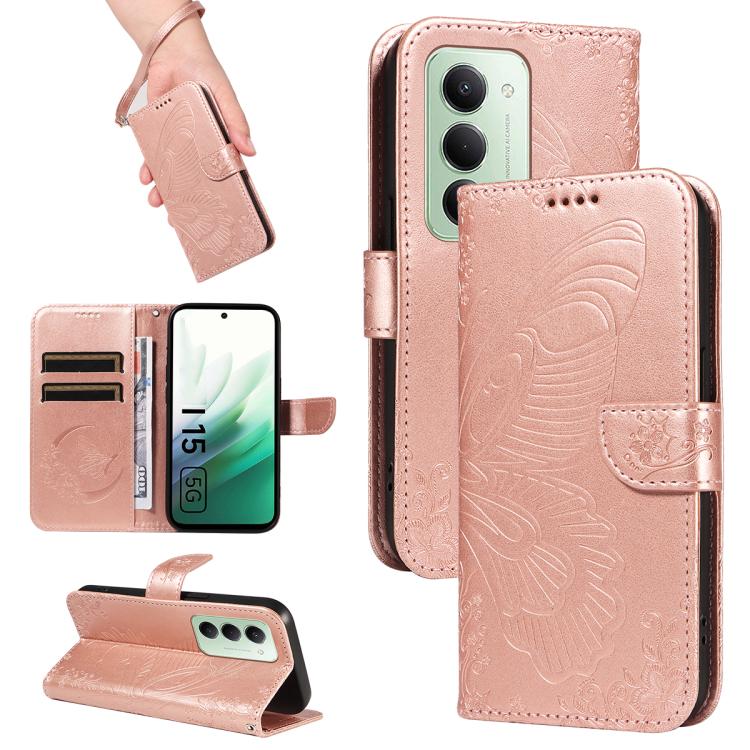 

For Redmi 15 5G Global / 15 4G SEA 169.5mm Swallowtail Butterfly Embossed Leather Phone Case(Rose Gold)