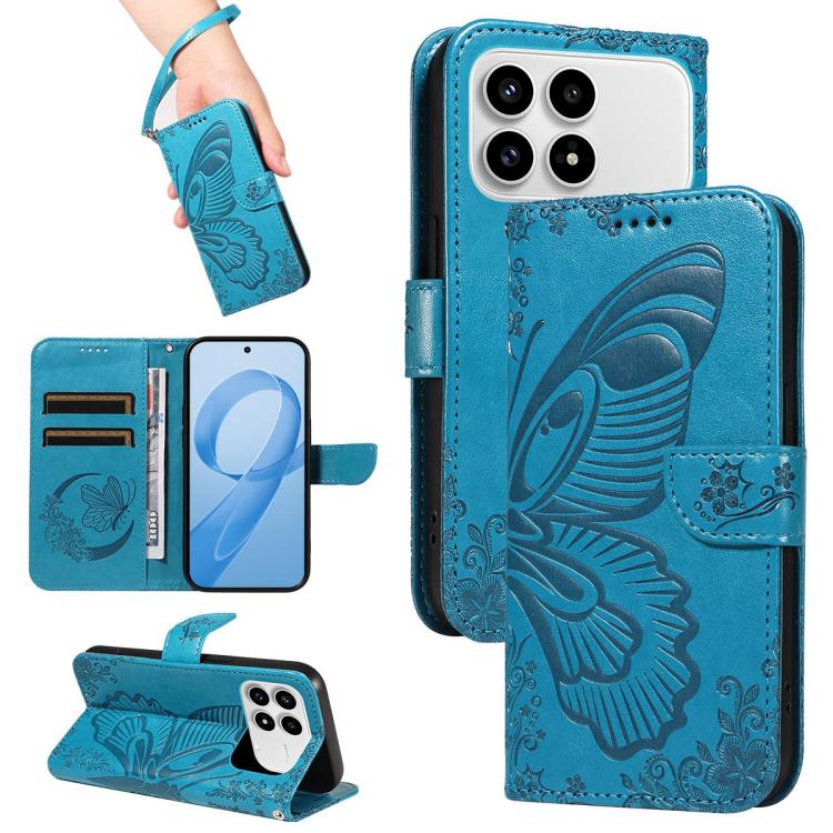 

For Redmi K90 Swallowtail Butterfly Embossed Leather Phone Case(Blue)