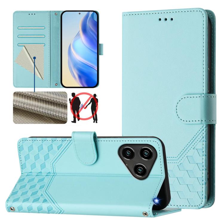 

For ZTE Blade A76 4G Honeycomb Embossing RFID Leather Phone Case(Mint Green)
