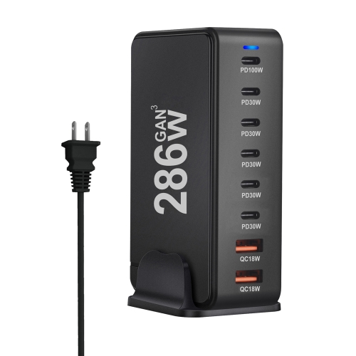 

YMX-986 286W 6Type-C, 3USB 8-Ports Desktop Fast Charger, Plug Type:US Plug(Black)