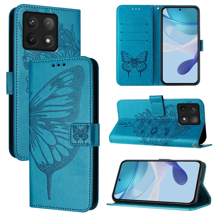 

For Xiaomi 14T Pro Embossed Butterfly Leather Phone Case(Blue)