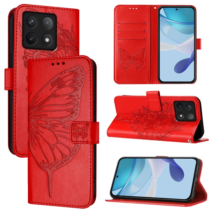 

For Xiaomi 14T Embossed Butterfly Leather Phone Case(Red)